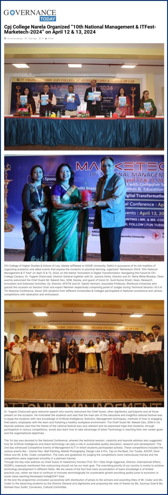 Cpj College Narela Organized “10th National Management & ITFest- Marketech-2024” on April 12 & 13, 2024